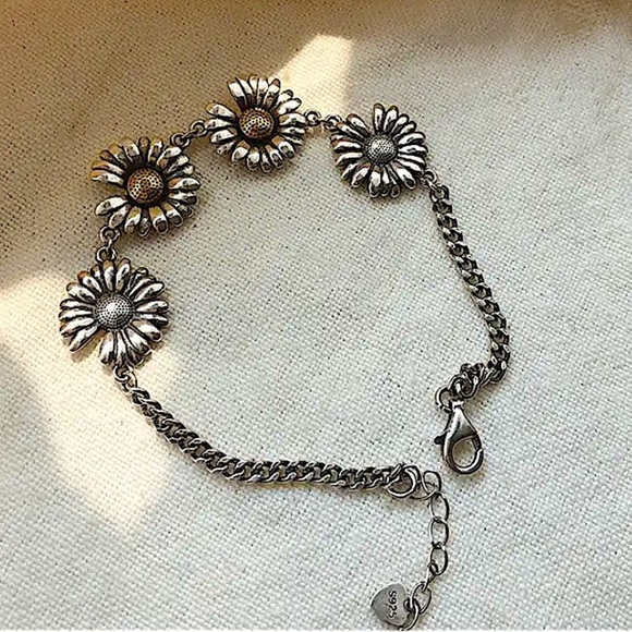 Sterling Silver Sunflower Chain Link Minimalist Bracelet - Picture 2 of 5